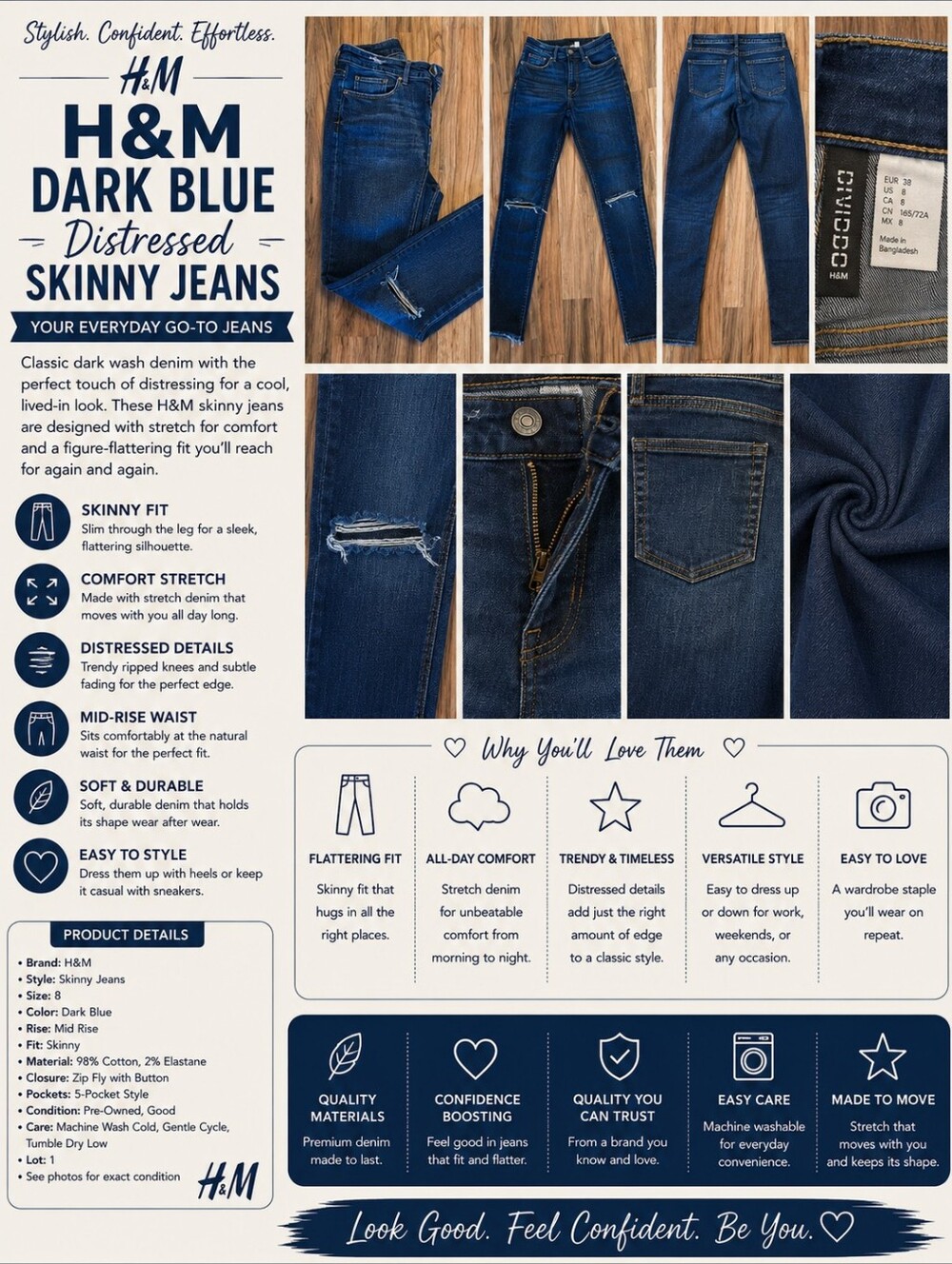 H&M Dark Blue Distressed Skinny Jeans Size 8